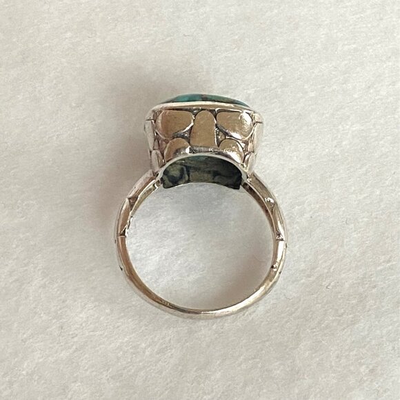 Sterling Silver 925 India Chunky Pebbled Bezel Set Square Turquoise Ring Sz 8 - Picture 6 of 16